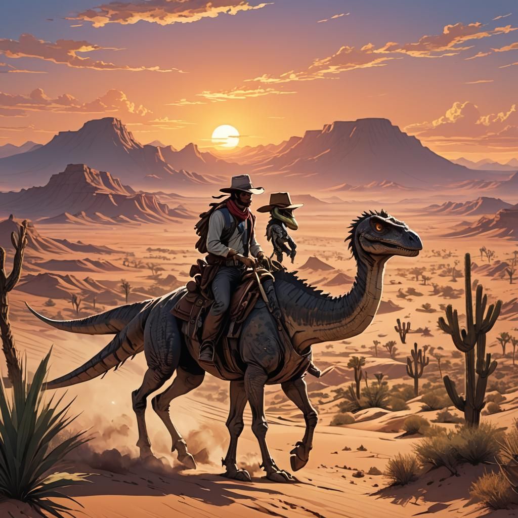 Cowboy Rides Velociraptor into Sunset: Anime Style