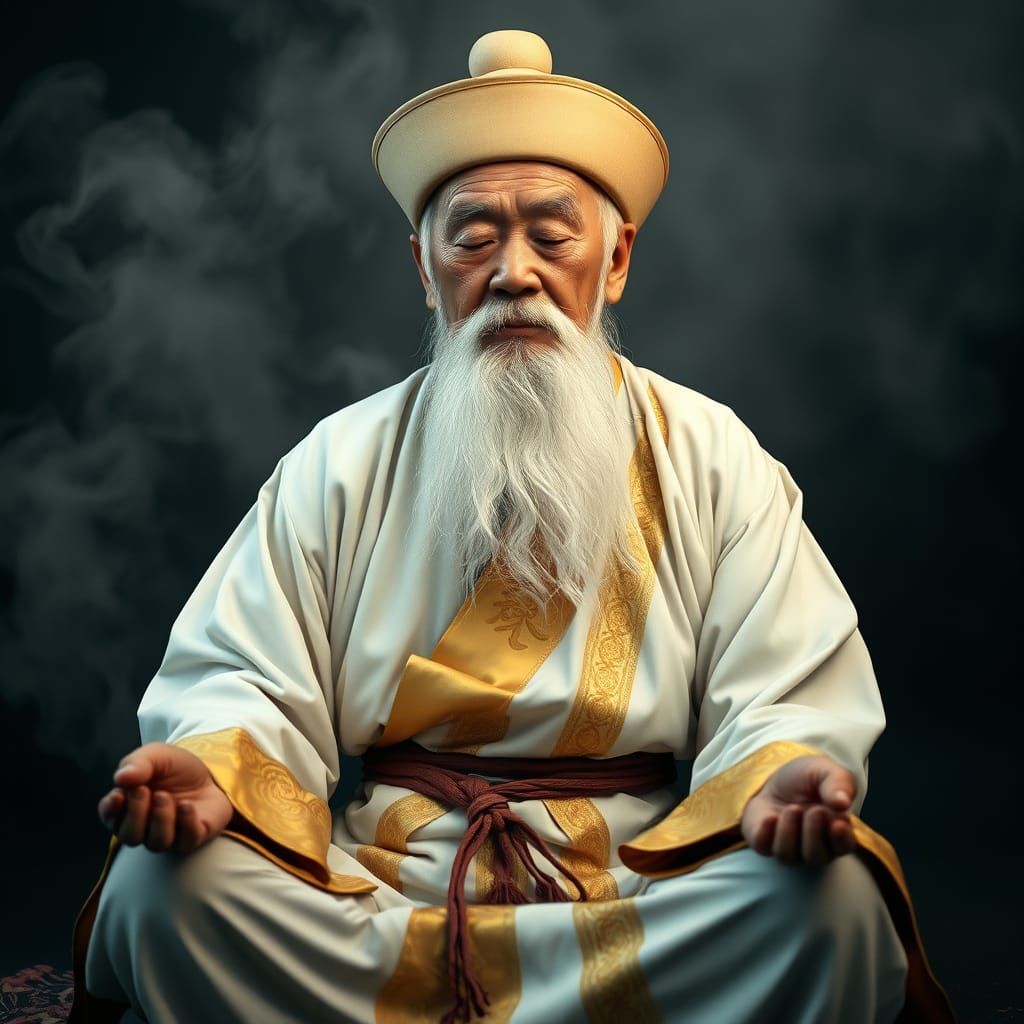 Elderly Asian Master Meditates in Mystical Smoke