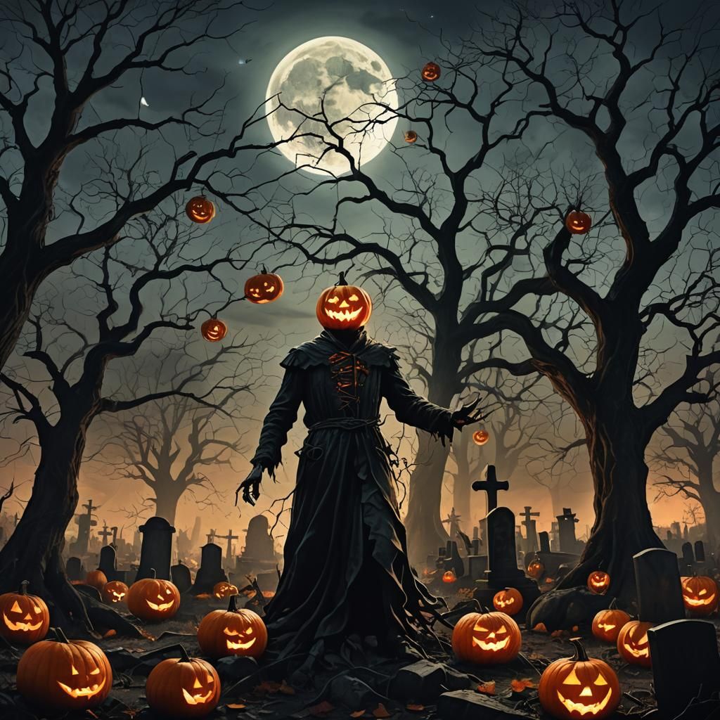 Surreal Pumpkin Figure in Haunted Graveyard