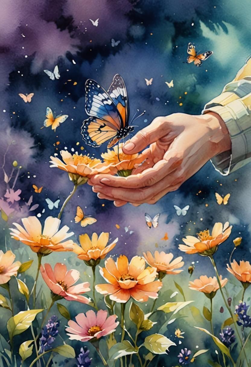Enchanting Watercolor Garden with Gentle Butterflies