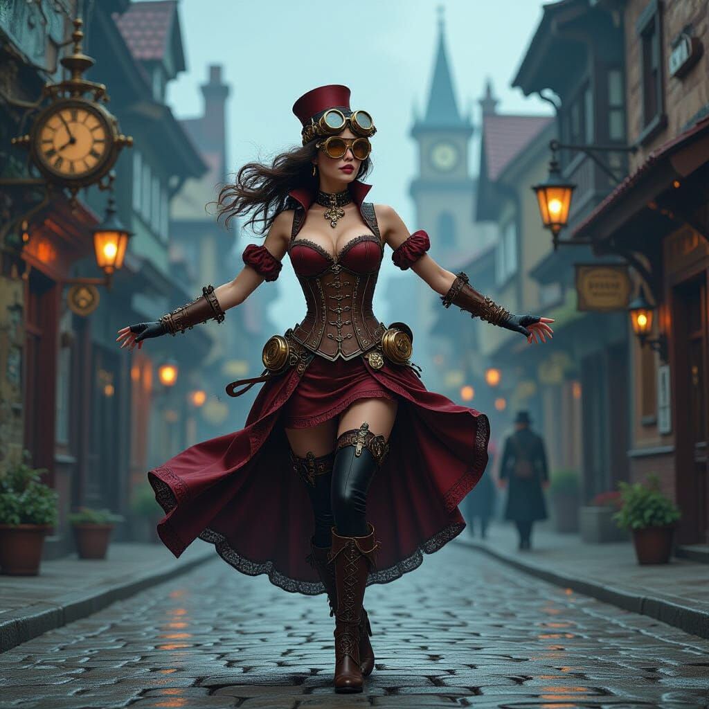 Steampunk Lady Dancing in Mystical Town