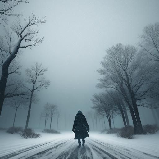Lone Figure Walks Through Winter Snowstorm