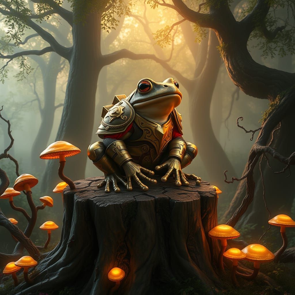 Regal Frog in Ornate Armor, Set Amidst Fantastical Forest