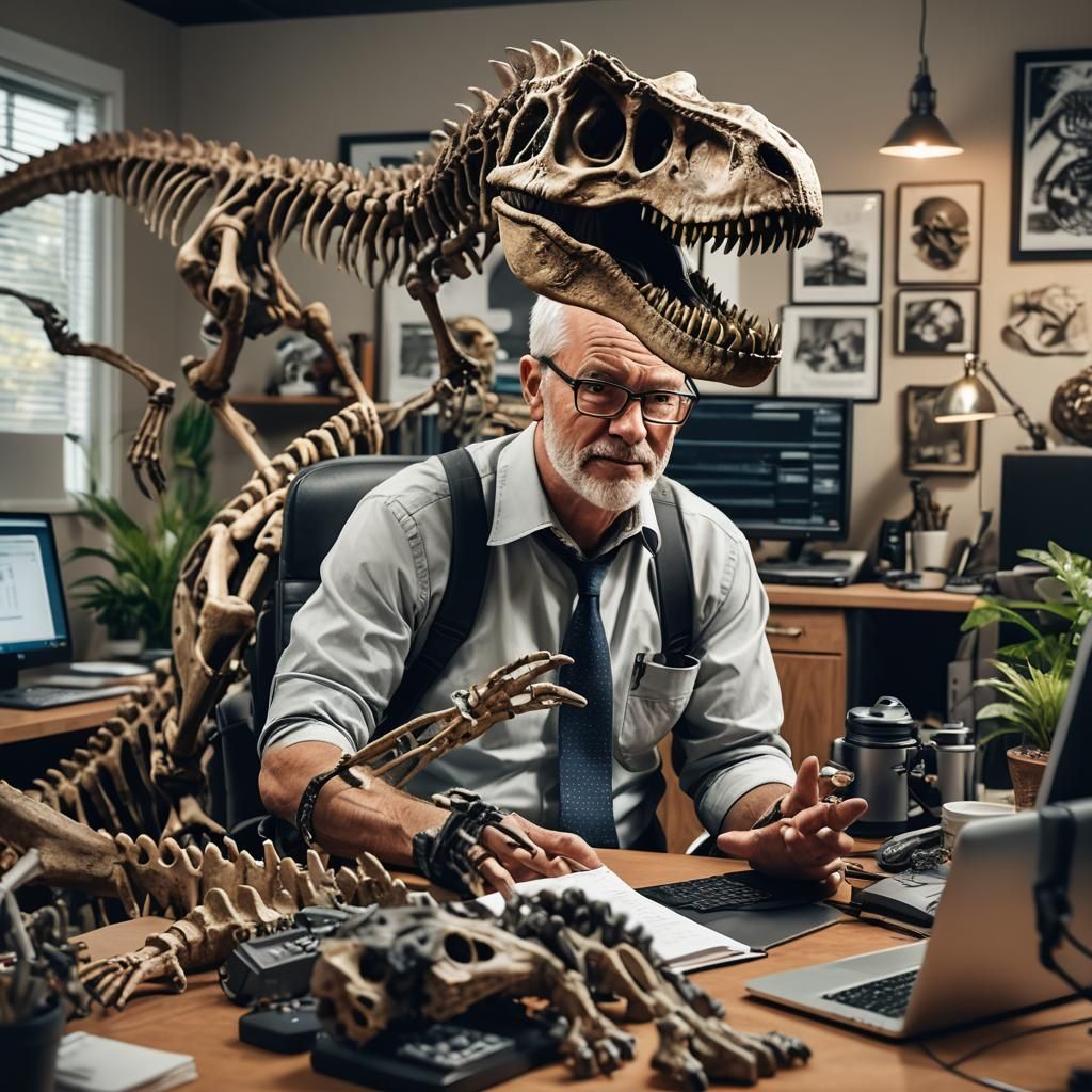 Boomer's Home Office with Dinosaur Skeleton, Professional Ph...