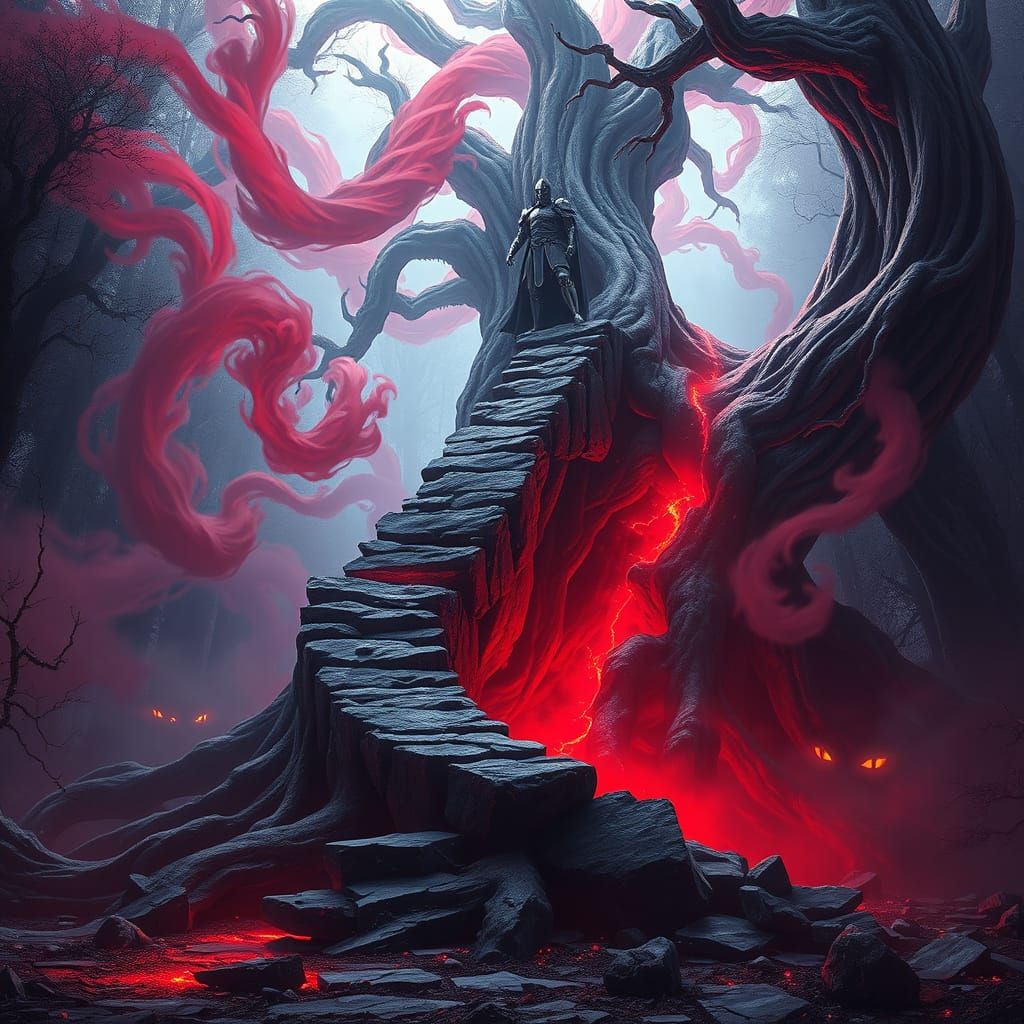 Knight on World Tree Slide: Dark Fantasy Digital Art