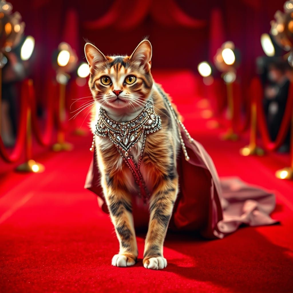Calico Cat Struts Down Crimson Carpet in High-Fashion Evenin...