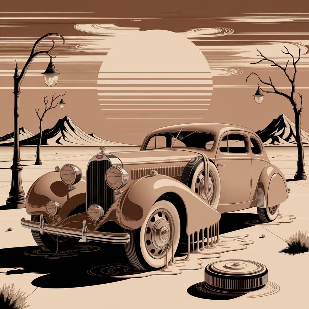 Melting Vintage Car in Surreal Desert Landscape