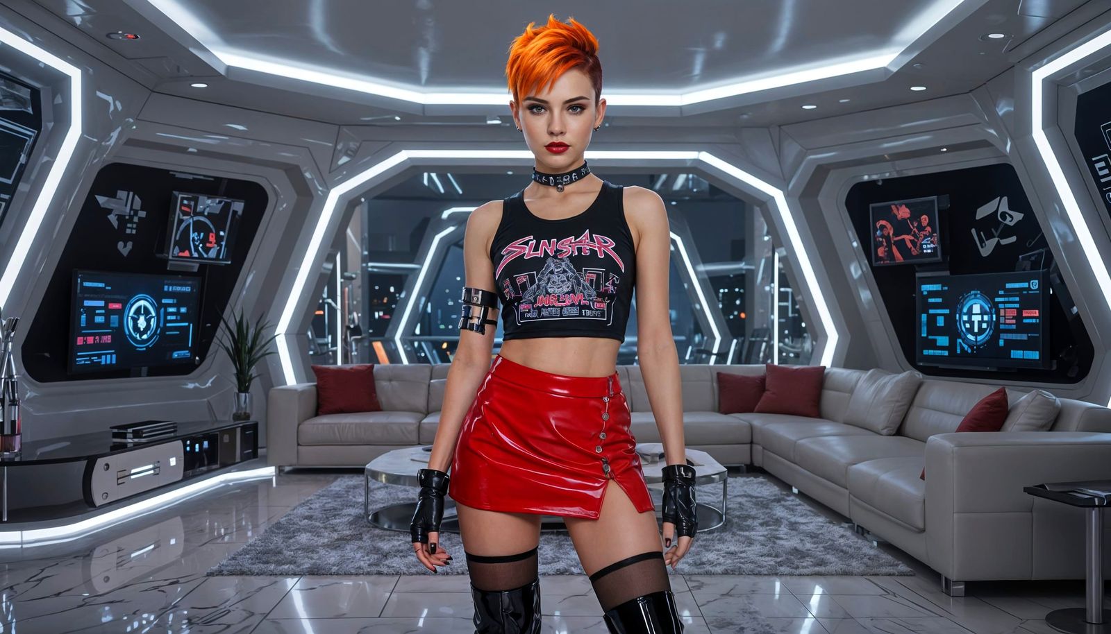 Cyberpunk Girl with Flame Hair in Sci-Fi Apartment