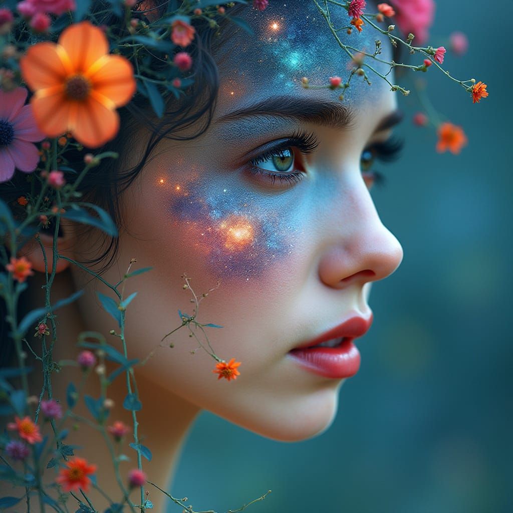 Ethereal Woman Portrait with Wildflowers and Galaxy