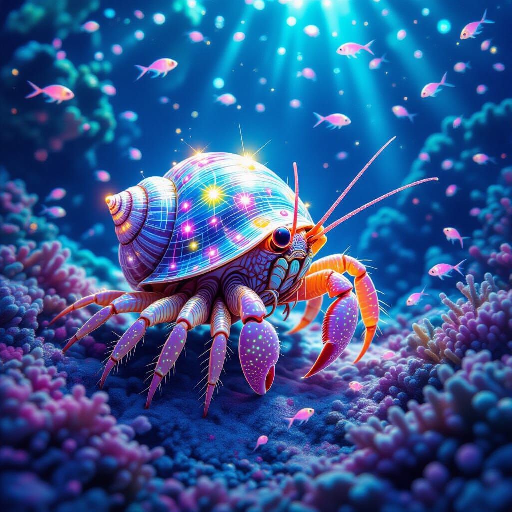 Bioluminescent Hermit Crab in Cosmic Surrealism Style