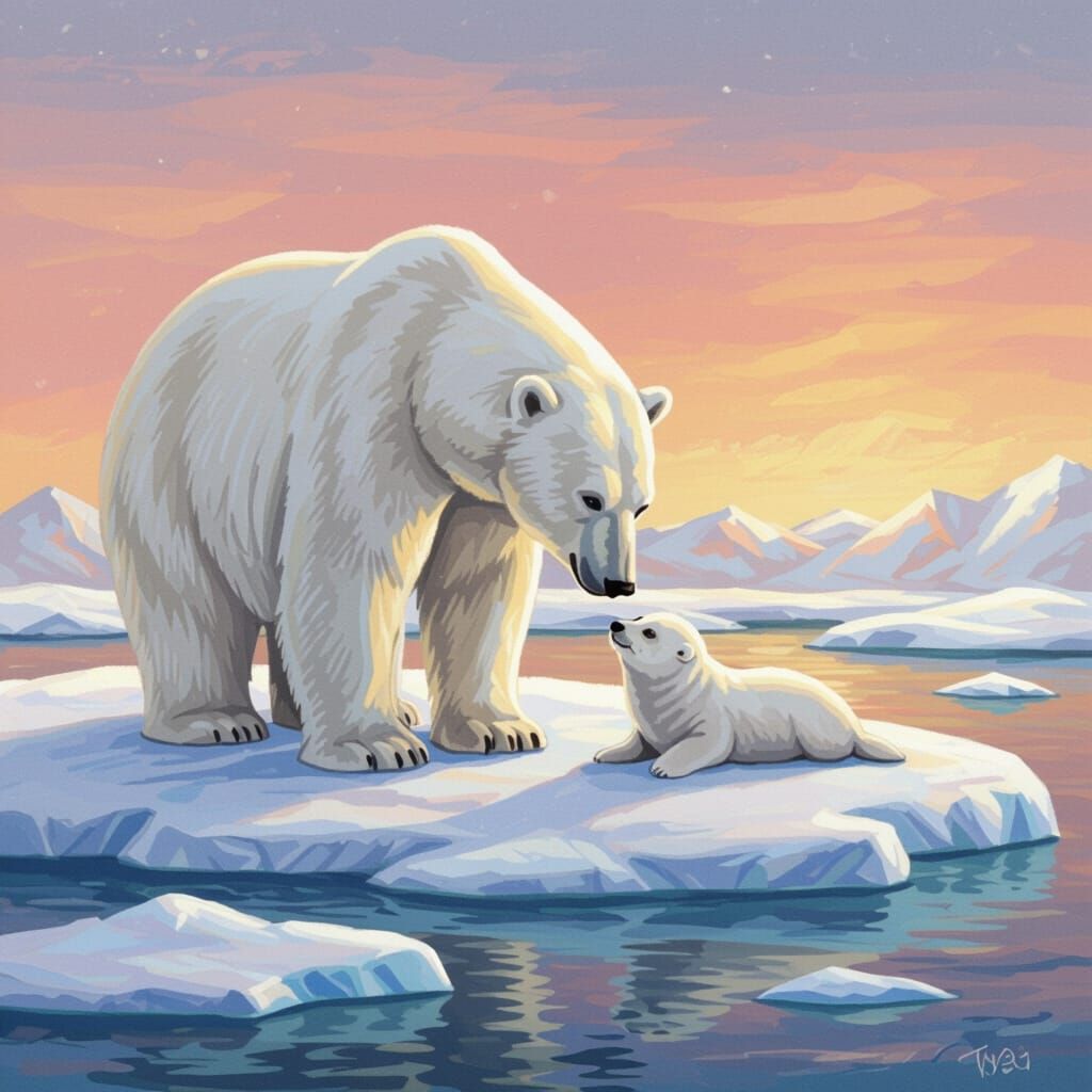 Polar Bear and Seal Pup on Ice Floe: Soft Pastel Art
