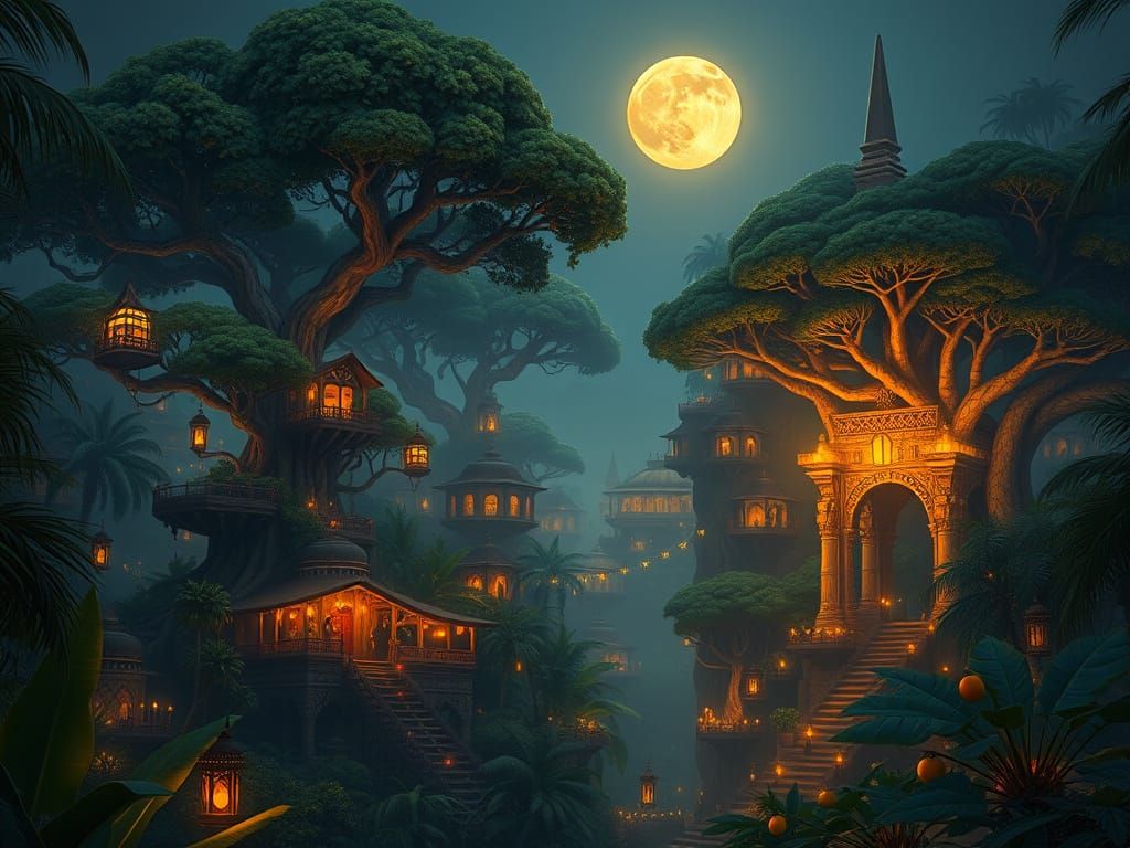 Jungle City Treehouses at Dusk as Retro Sci-Fi Art