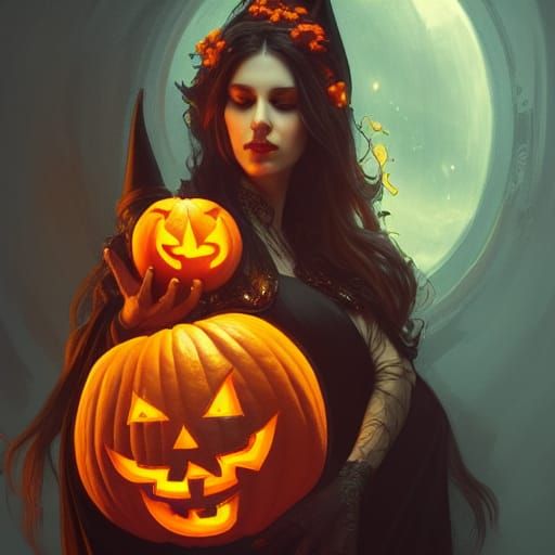 Halloween Witch Portrait with Jack-o-Lanterns