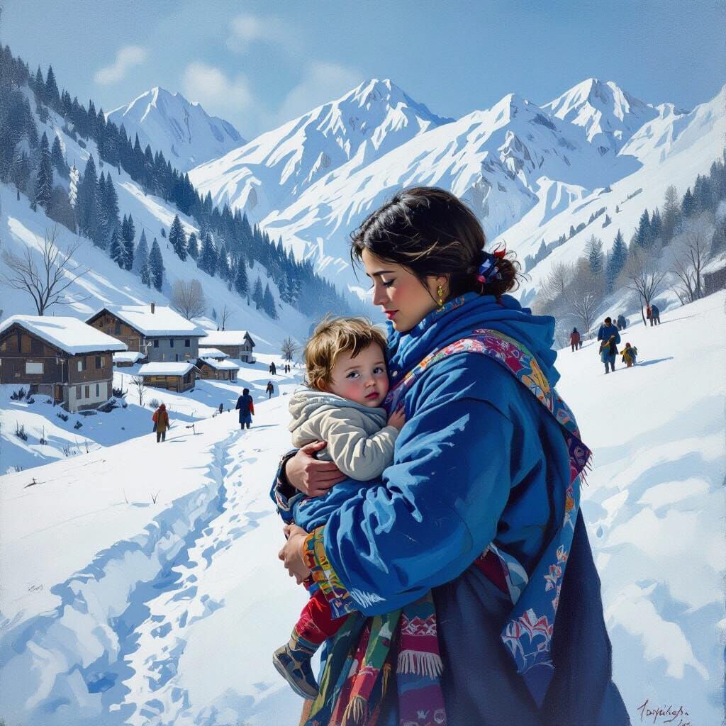 Mother Flees Avalanche in Expressive Mountain Village Scene