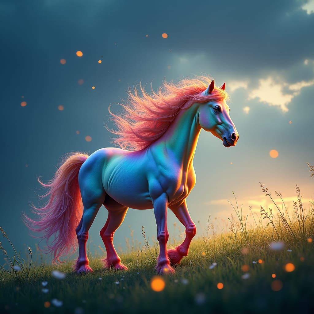 Majestic Rainbow Pony in Lush Meadow, Hyperrealistic HDR