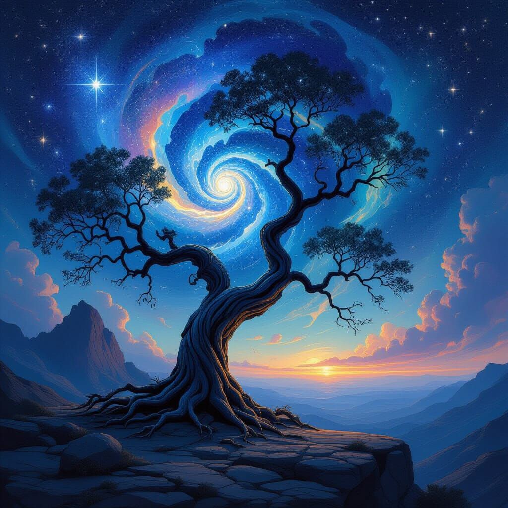 Ancient Tree Under Starry Nebula in Art Nouveau Style