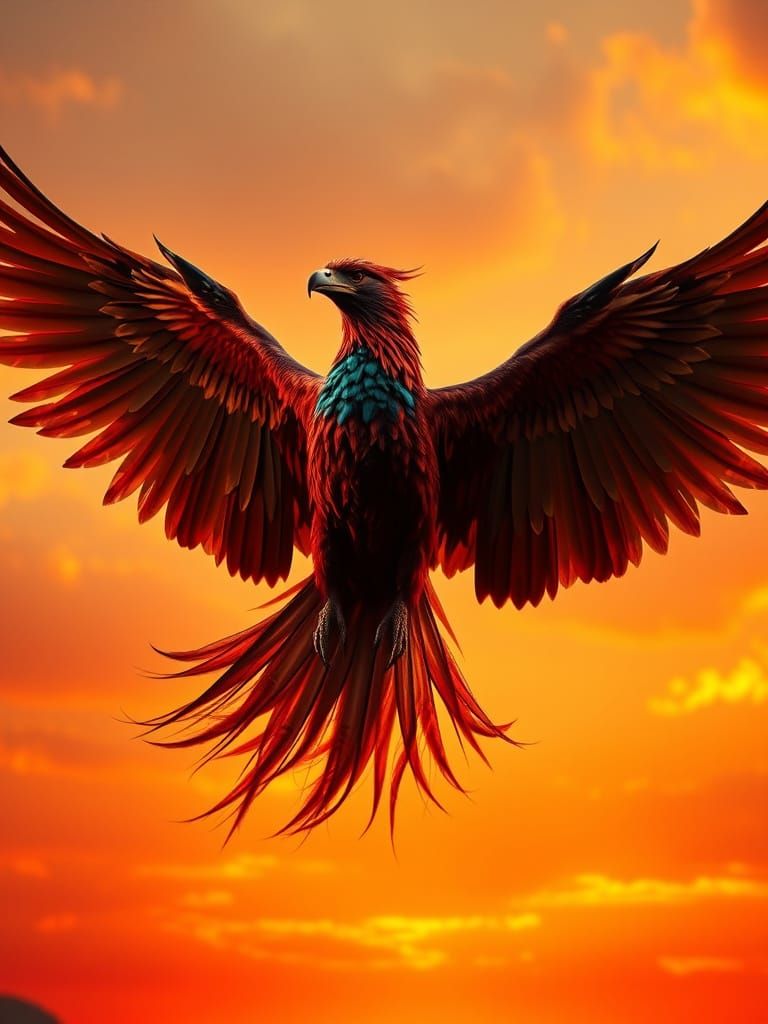 Majestic Phoenix Soars Through Eternal Dawn Sky