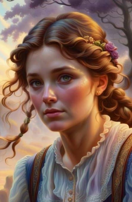 Hyperrealistic Pioneer Woman in Ethereal Fantasy Landscape