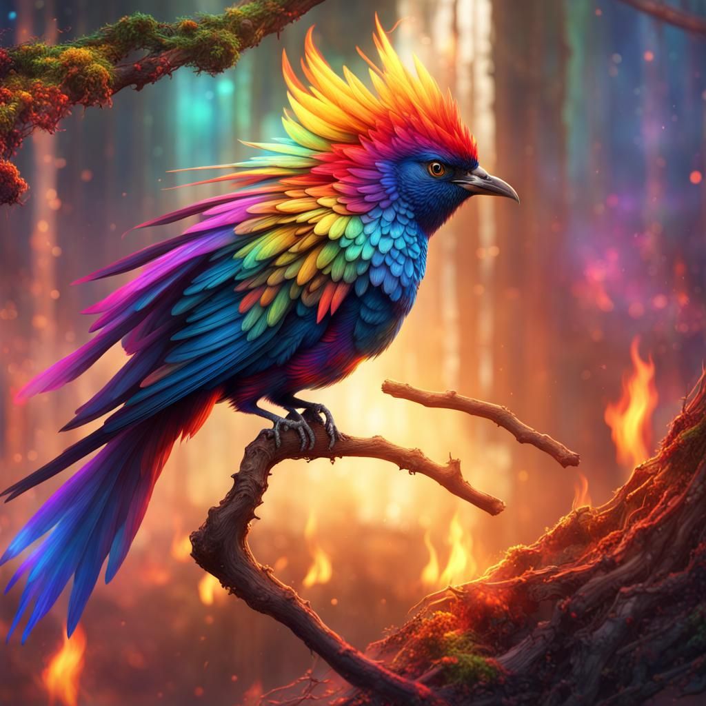 Rainbow Phoenix with Flaming Feathers in Detailed Matte Pain...