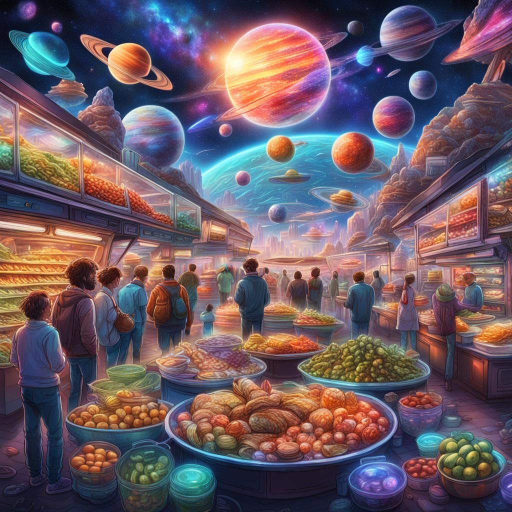 Vibrant Interstellar Market Scene in Astral Illustration