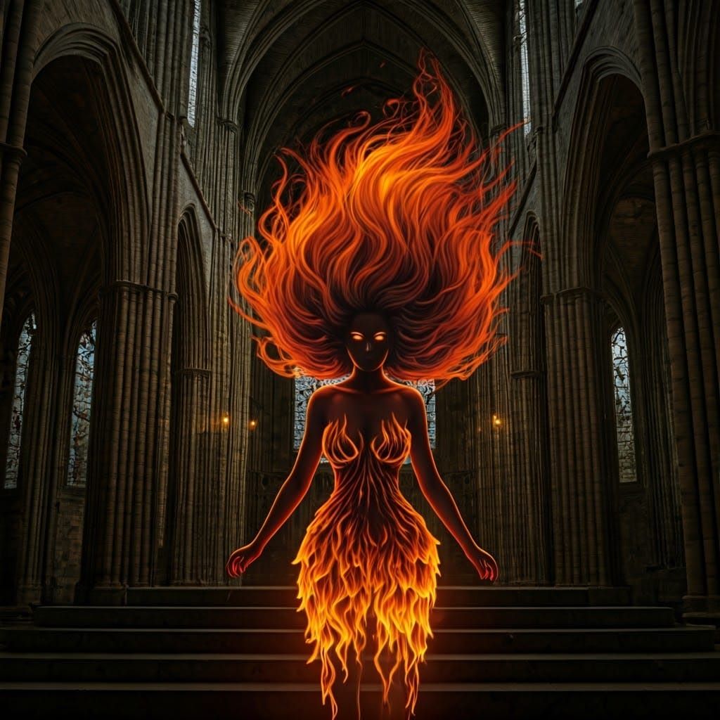 Ethereal Flame Spirit in Gothic Cathedral