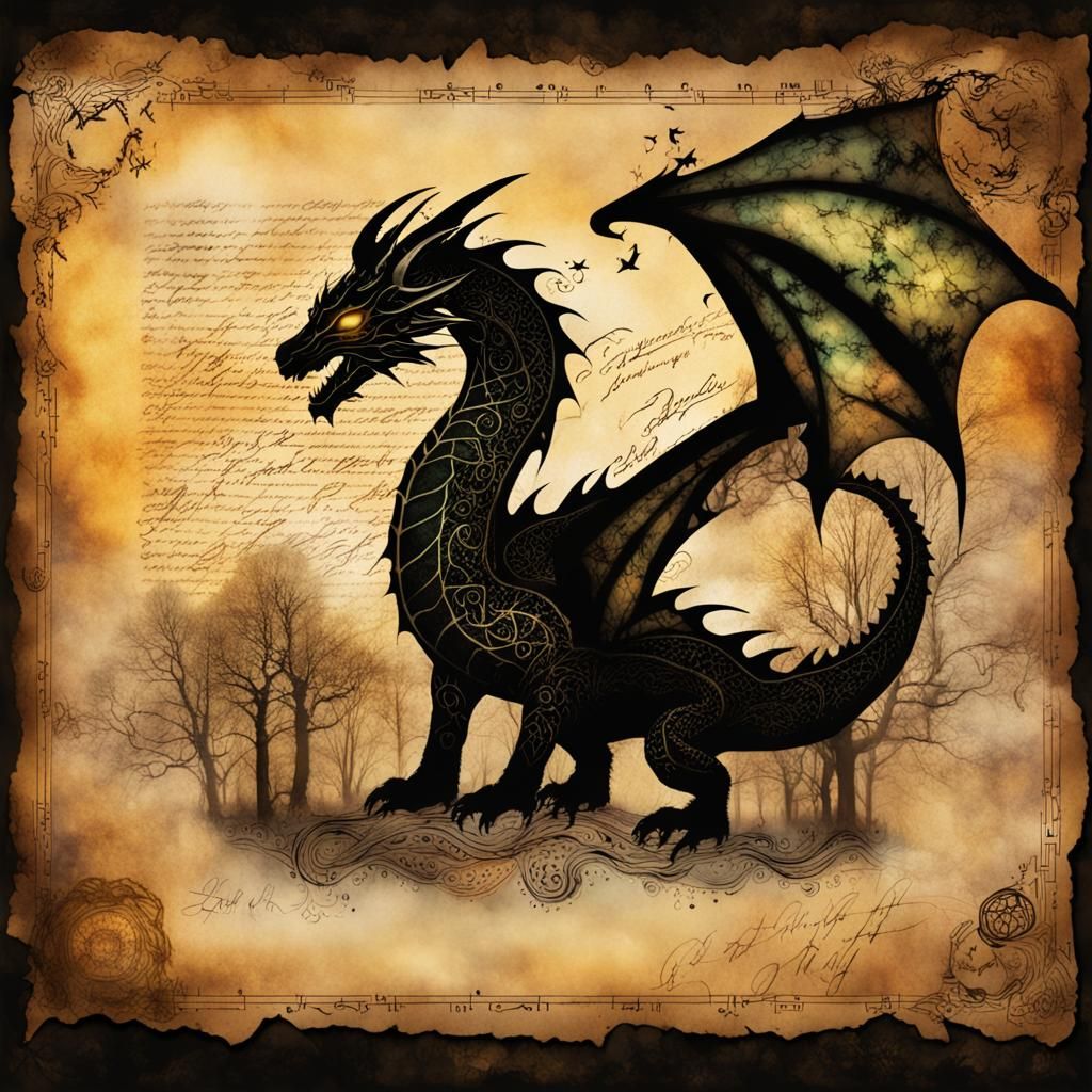 Luminescent Elven Dragon on Parchment in Dark Forest