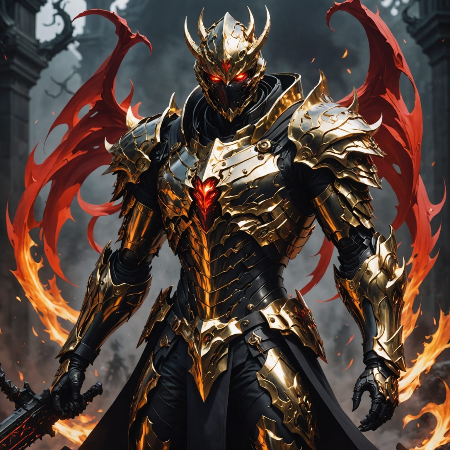 Ghostly Armored Soldier in Gold Black Red