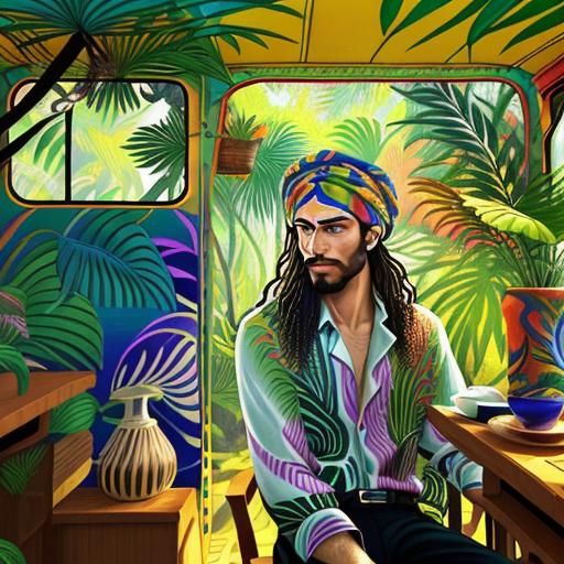 fauvism. medium shot. a serene young man wearing a flowing, ...