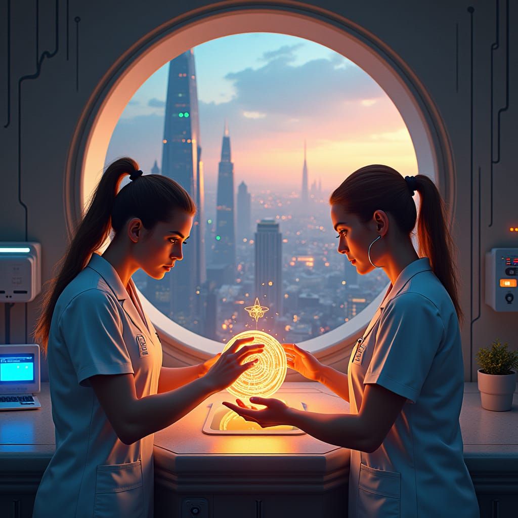 Nurses Examine Artifact in Futuristic Lab