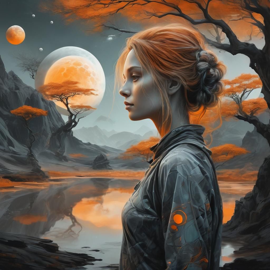 Tree with Orange Leaves in Digital Oil Painting Style