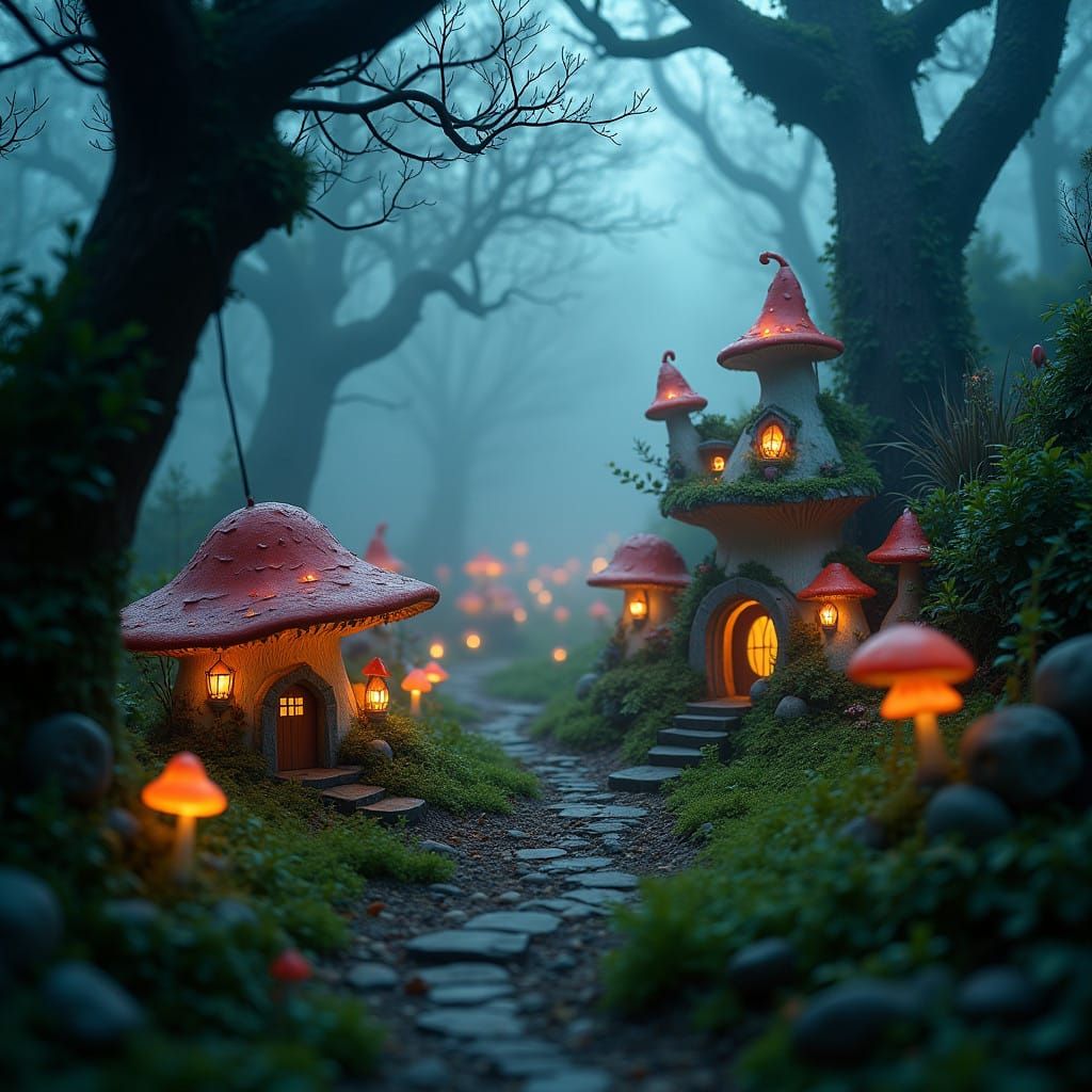 Enchanted Mushroom Village in a Dark Forest