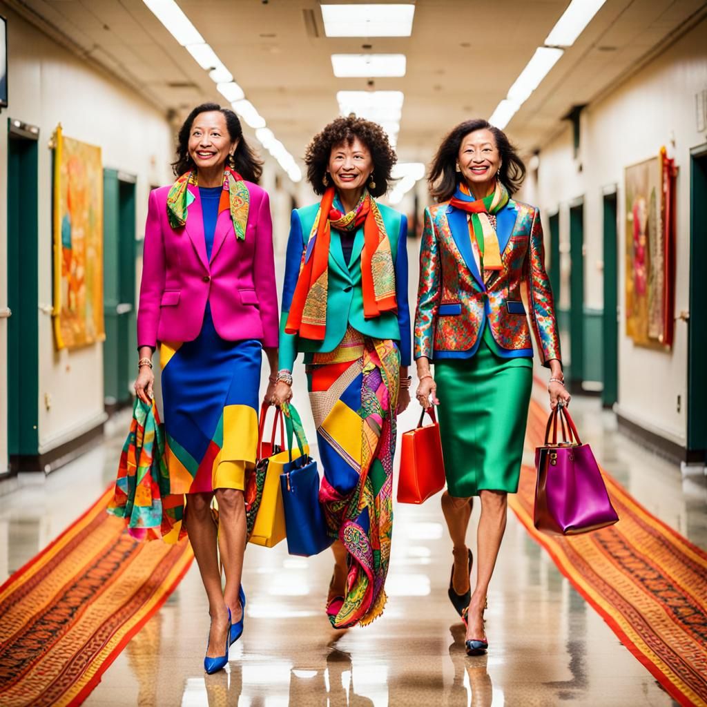 Women in Bright Skirt Suits and Scarves