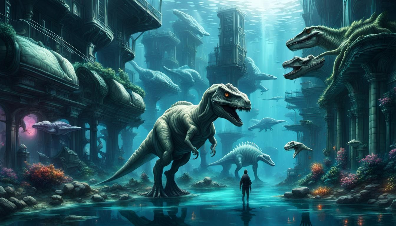 Underwater Cyberpunk City with Dinosaurs