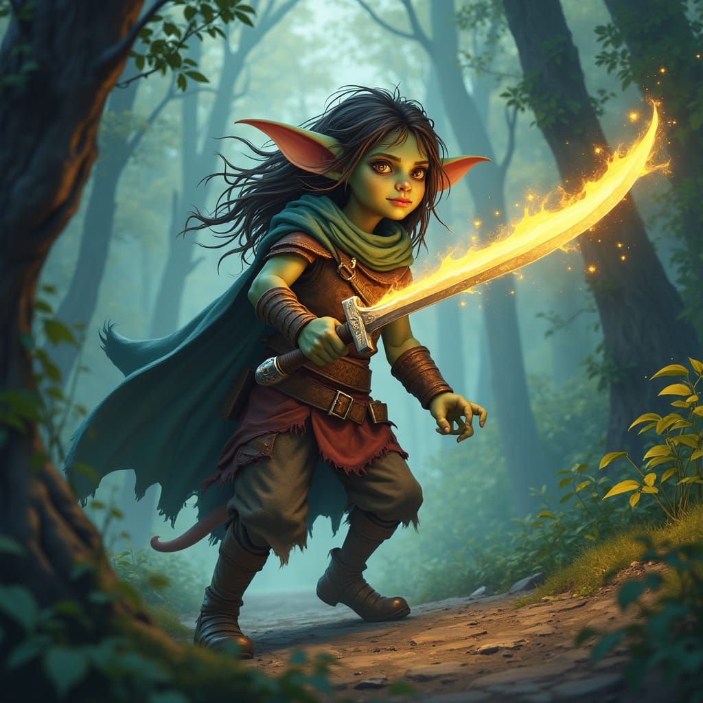 Goblin Girl Wielding Magic Sword in Mystical Forest