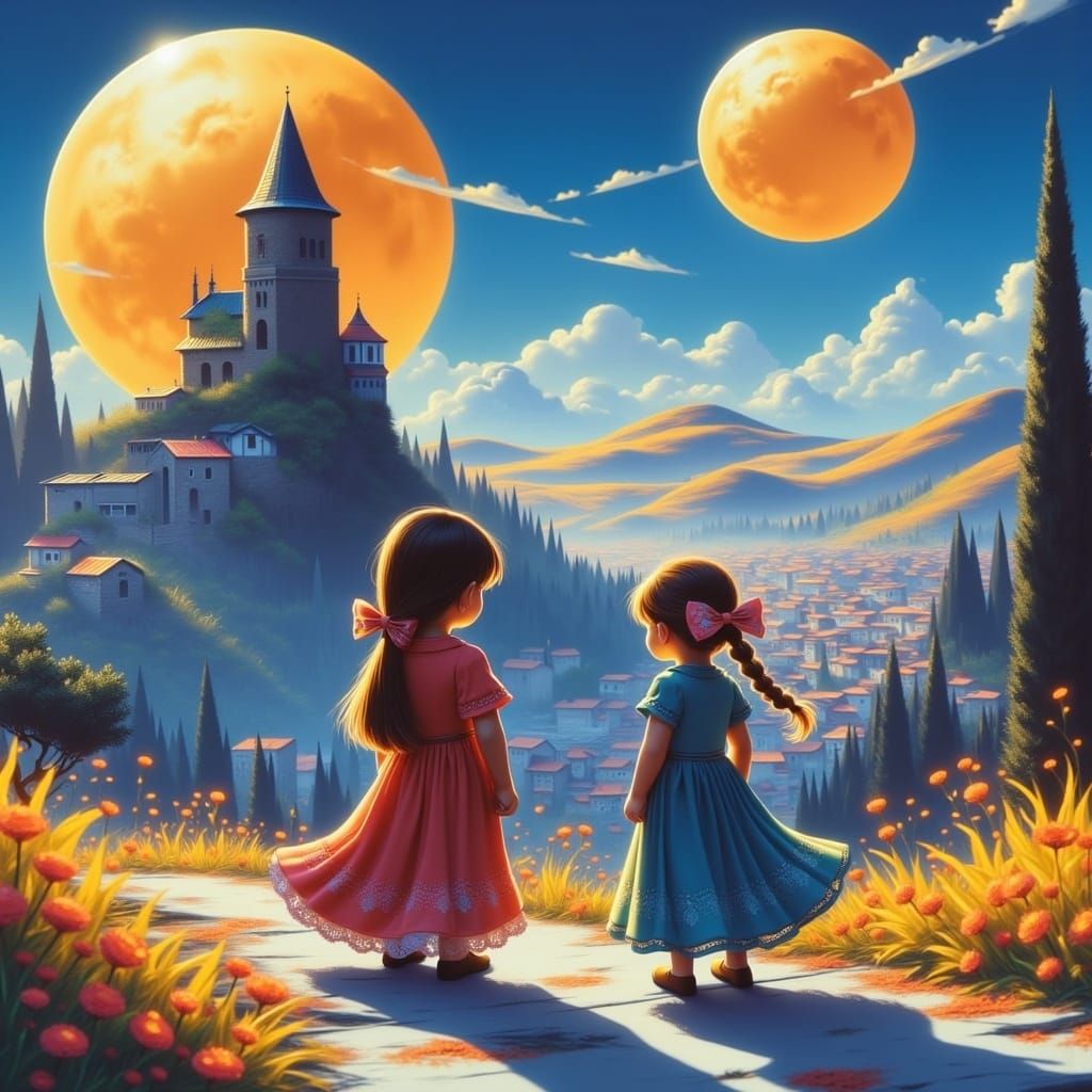 Dreamlike Scene of Gentle Travelers in a Whimsical Mountain...