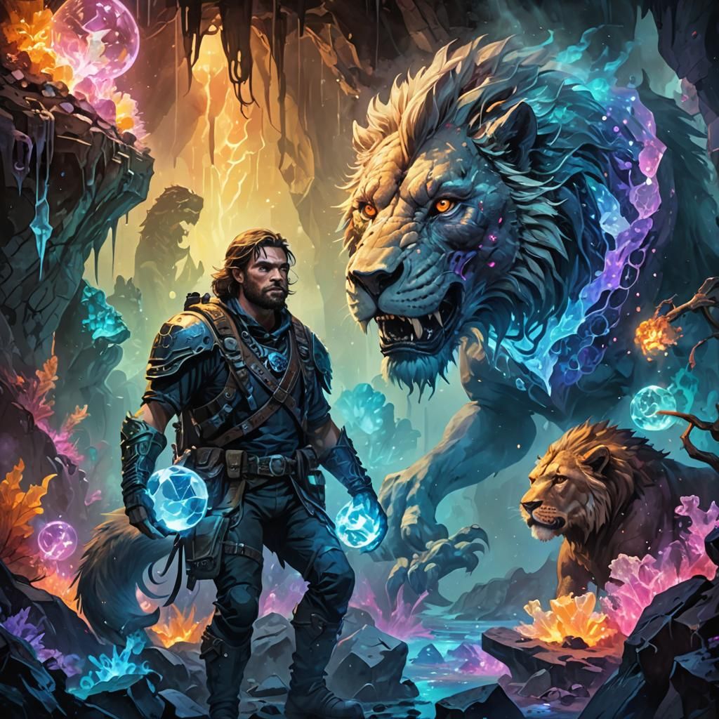 Fantasy Adventurer in Crystal Cavern: Neon Ink Art