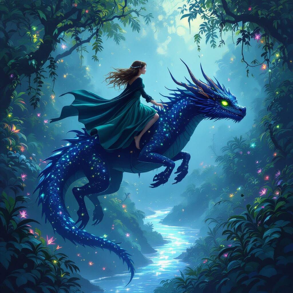 Girl Rides Sparkly Dragon Over Rainforest in Fantasy Art Sty...