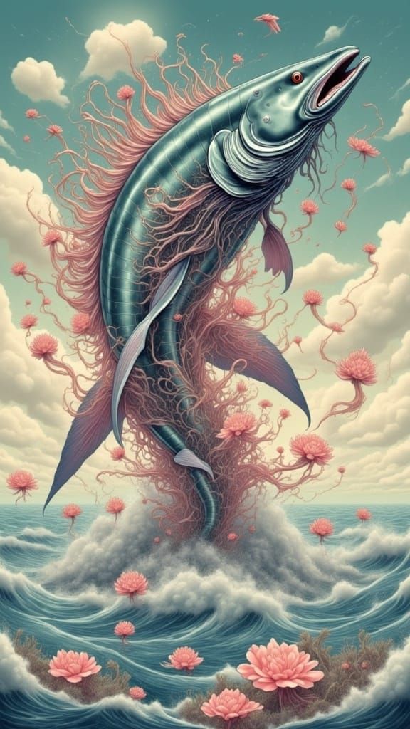 Massive Azure Leviathan Oarfish in a Junji Ito Style