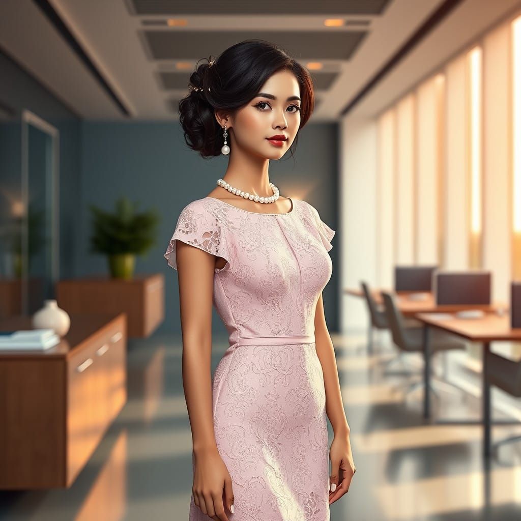 Feminine Office Queen in Elegant Lace and Pearls