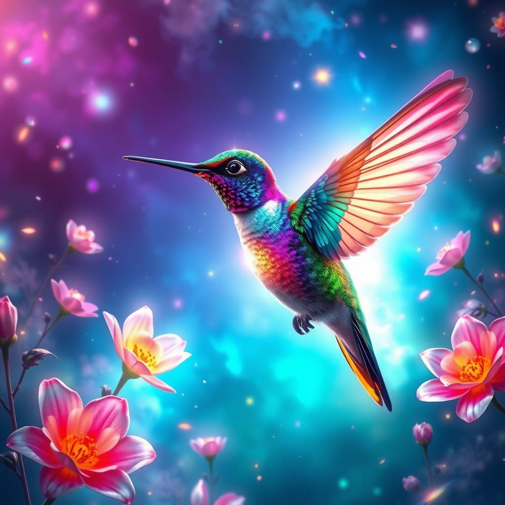 Ethereal Hummingbird in Vibrant Astral Landscape