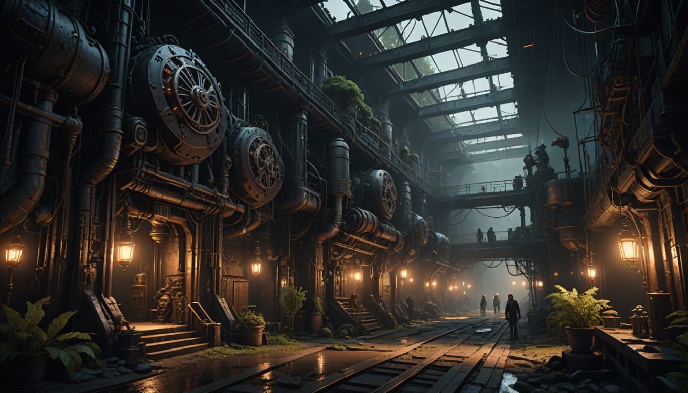 Steampunk City Underground Factory with Living Trees