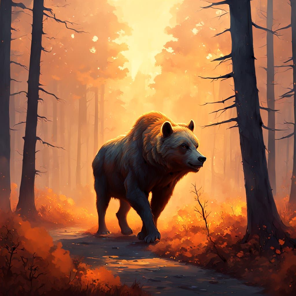 Ethereal Forest Fire Scene in Hyper-Realistic Digital Art