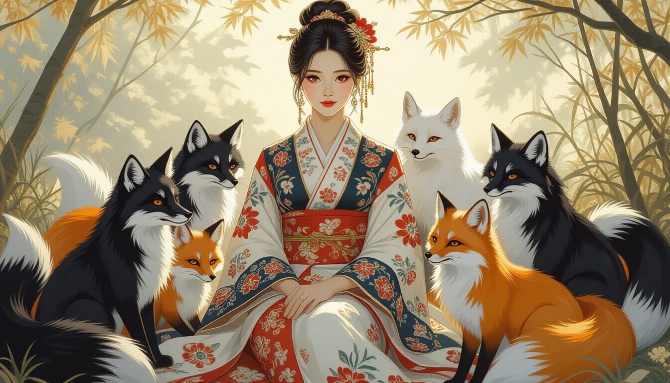 Asian Woman Surrounded by Foxes in Whimsical Style
