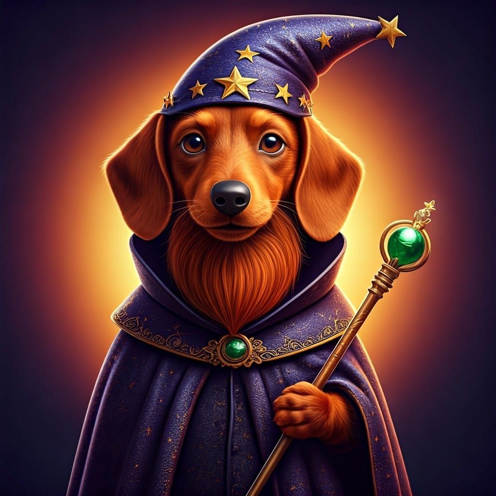 Dachshund Wizard in Regal Purple Cloak, 3D Digital Art