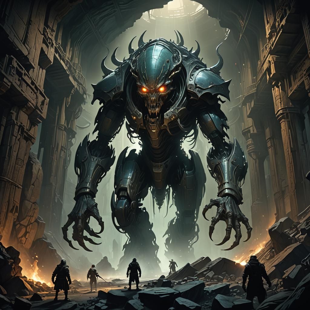 Alien Sentinel Invades Mine: Dark Fantasy Concept Art