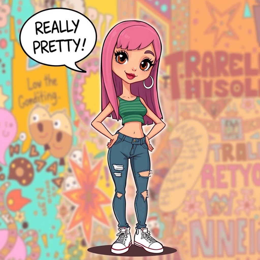 Cartoon Woman With Pink Hair In Casual Outfit