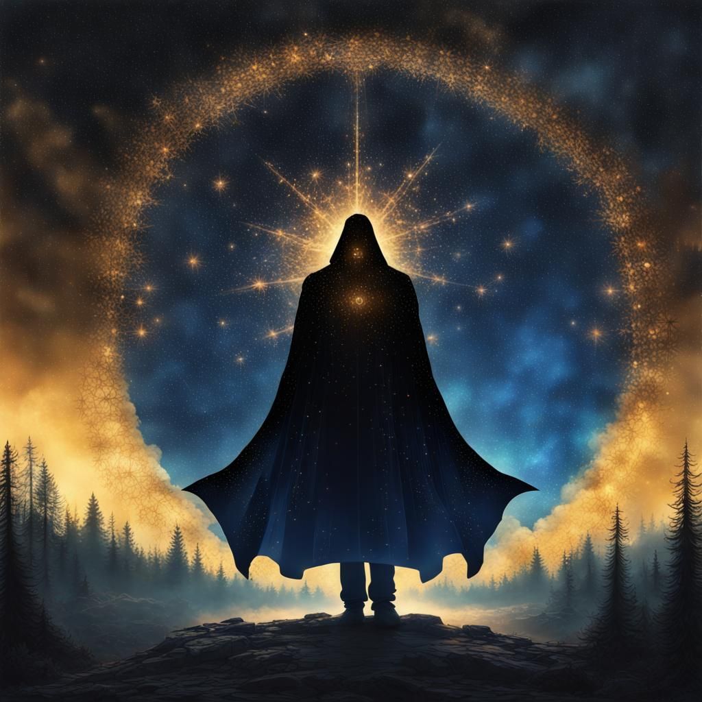 Celestial Wizard in Cosmic Forest: Digital Matte Painting