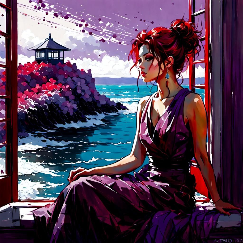 Beautiful Woman Gazing at Night Sea, Watercolor Art