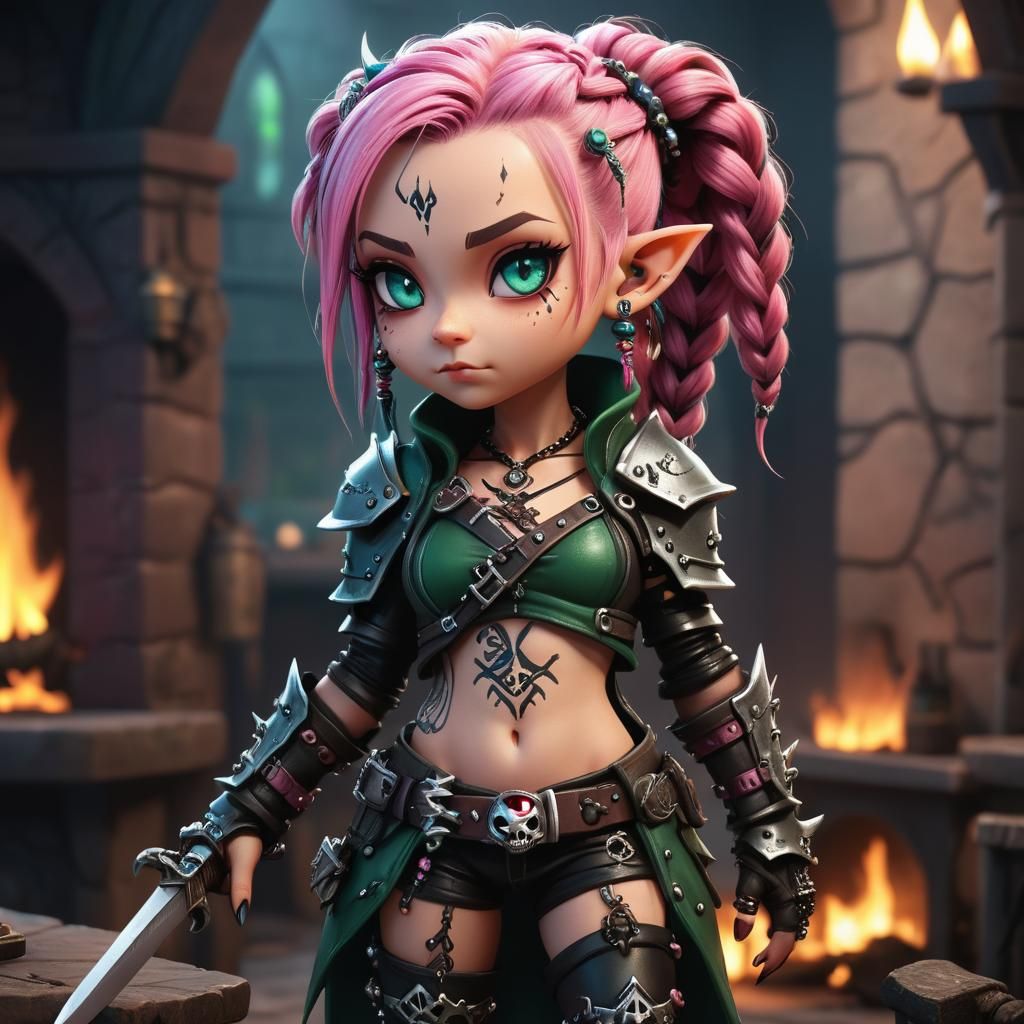 Chibi Elven Rogue in Torchlit Tavern