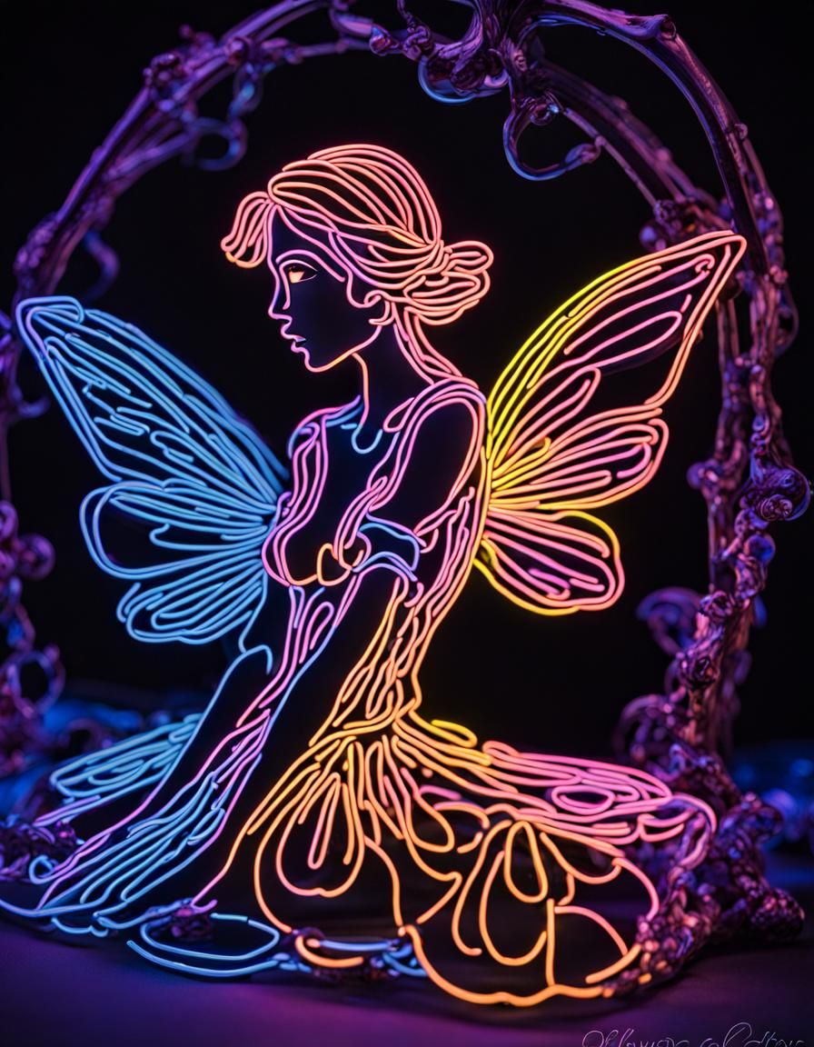Glowing Neon Fairy Outline in Vibrant Colors